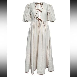 EB Luxe cream linen midi dress with leather bows. Size M